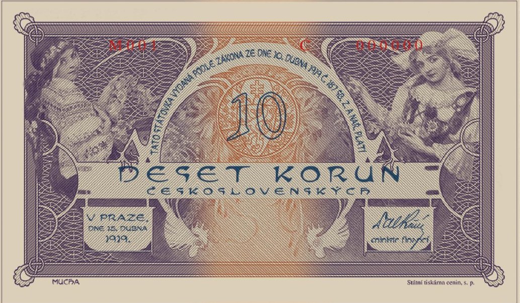 Replika desetikorunové bankovky dle návrhu Alfonse Muchy – emise 2022